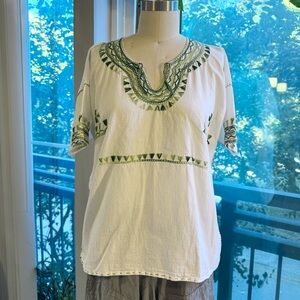 Green and white Mexican embroidered tunic top
